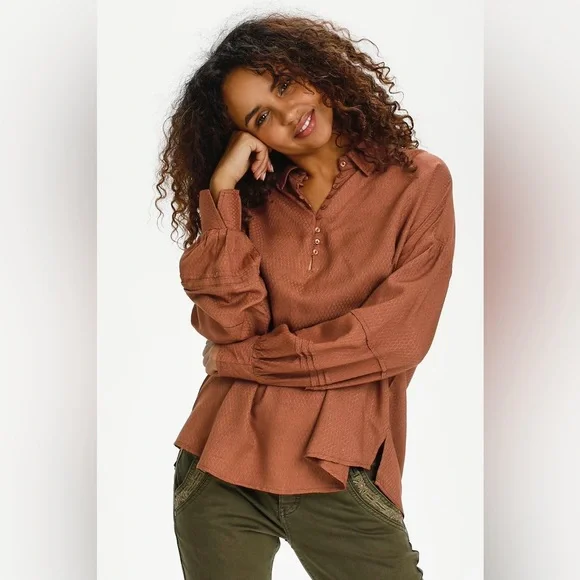 CREAM Oversized Viscose Balloon Sleeved Brown Blouse - Picture 1 of 7